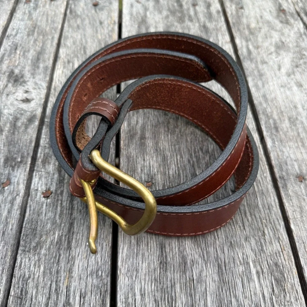Mens Brown Leather Work Belt‎ Size 38 Solid Brass Buckle Heavy Duty Stitched